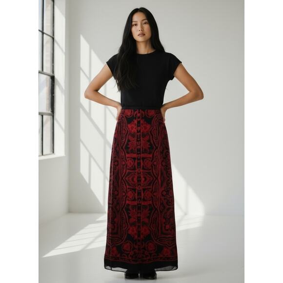 100% Silk Gothic Black and Red Damask Brocade Jacquard Maxi Skirt - Picture 2 of 9
